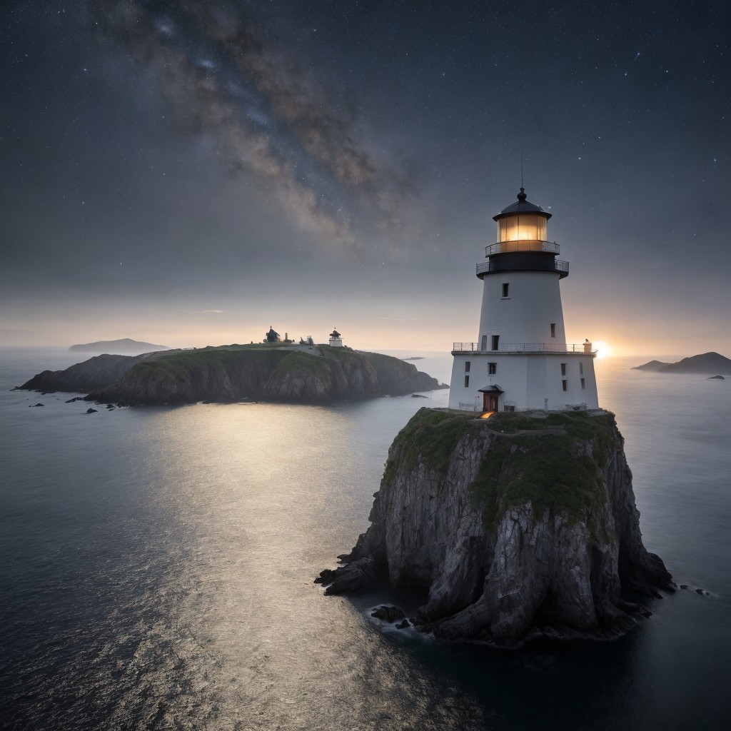 Lighthouse on Rocky Islet with Starry Night Sky