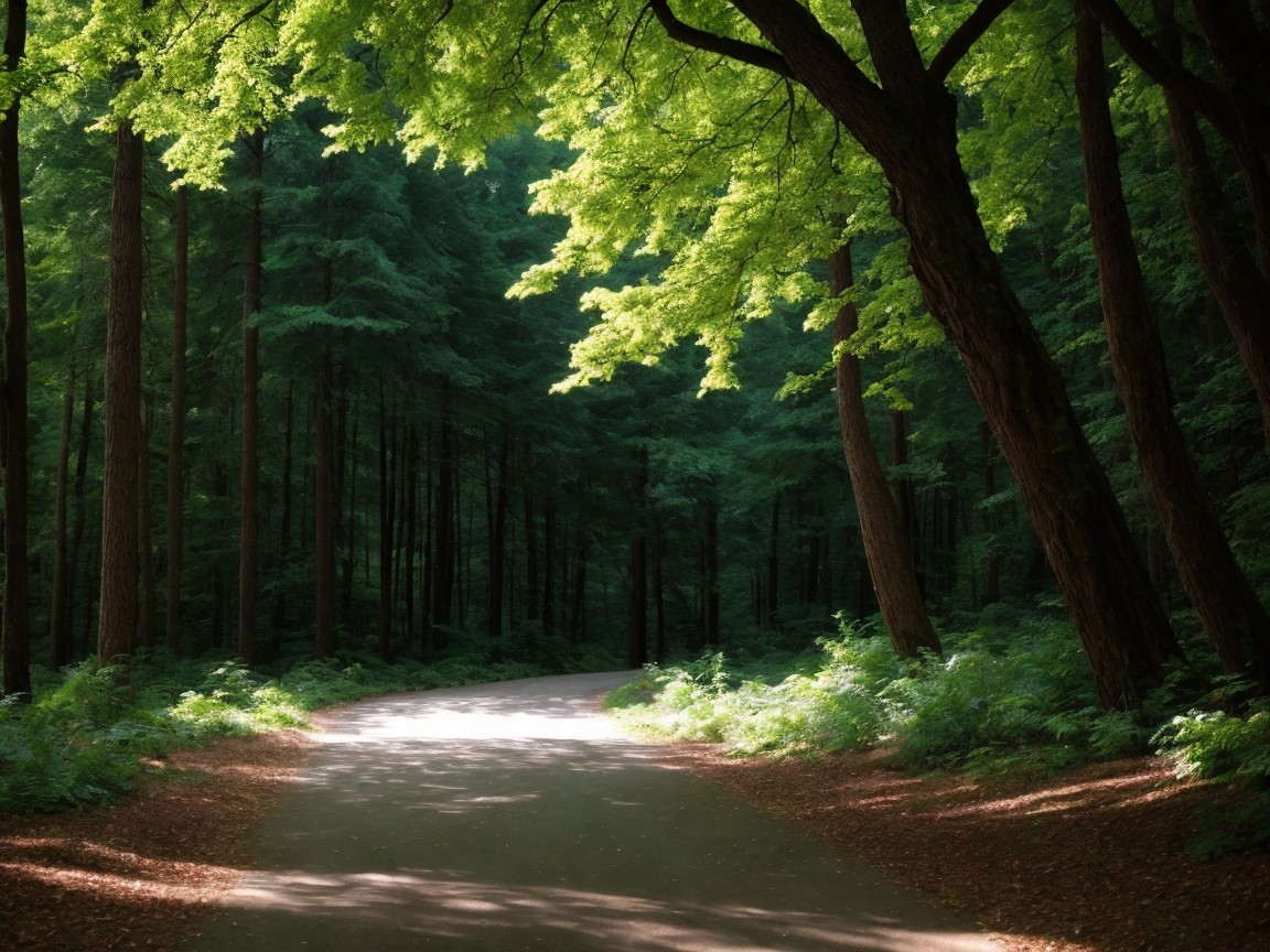 Serene Forest Path with Sunlight and Greenery