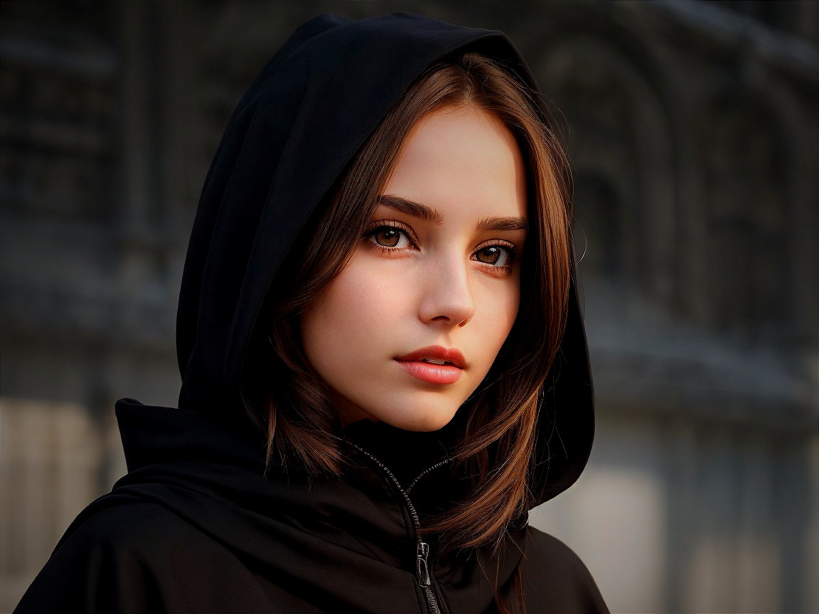 Portrait of a young woman in a black hooded jacket
