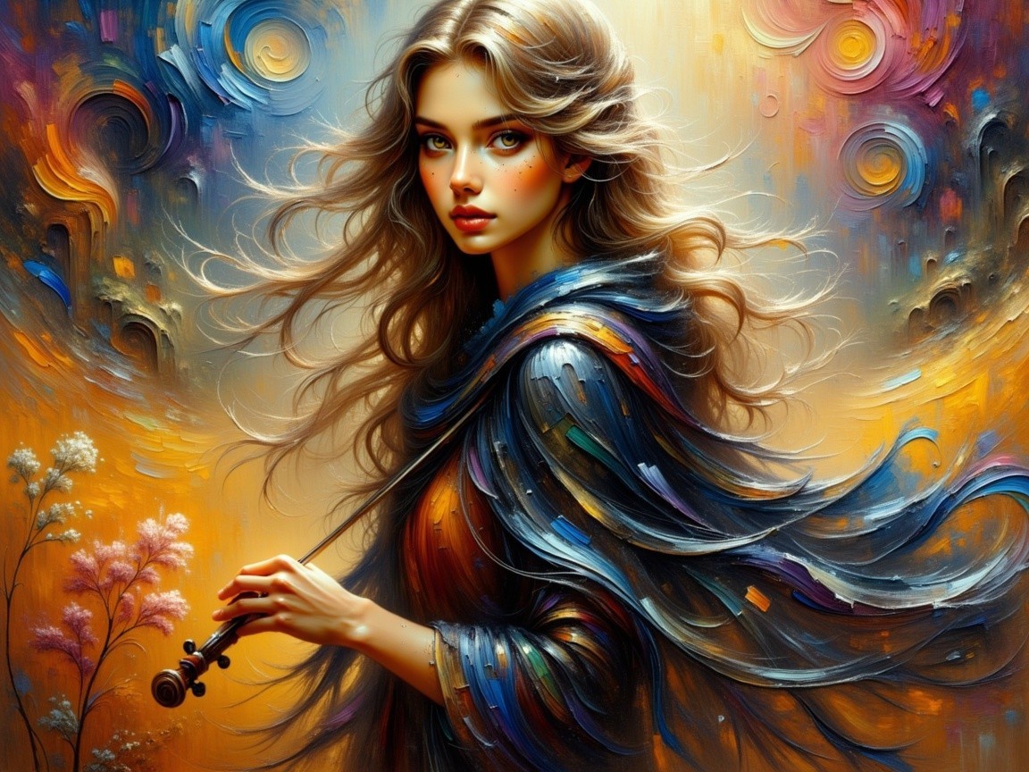 Young Woman with Violin in Colorful Cloak Artwork