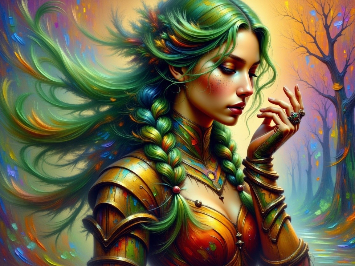 Mystical Woman in Golden Armor in Enchanted Forest