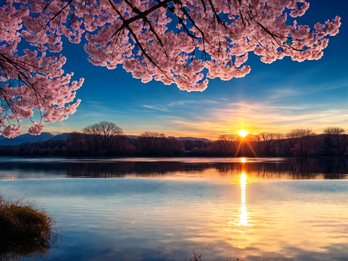 Serene Sunset Landscape with Cherry Blossoms and Lake