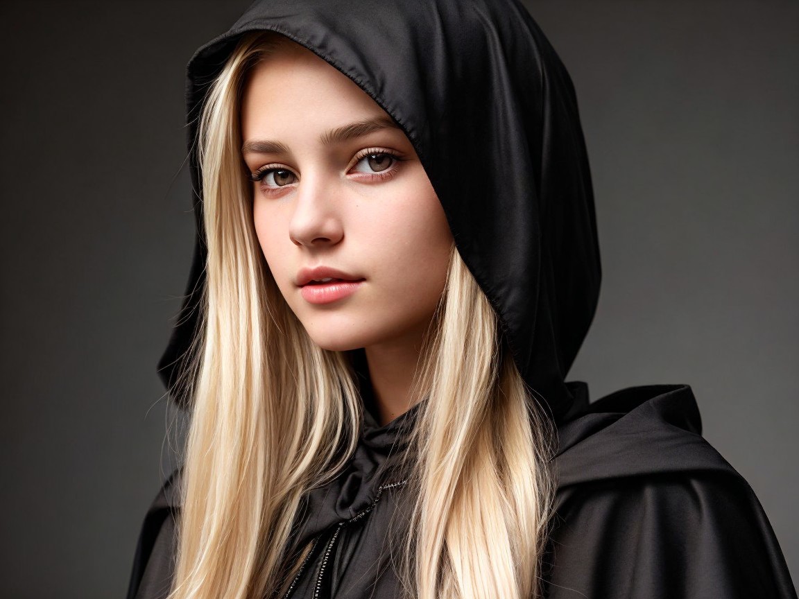 Young woman in black cloak with serene expression