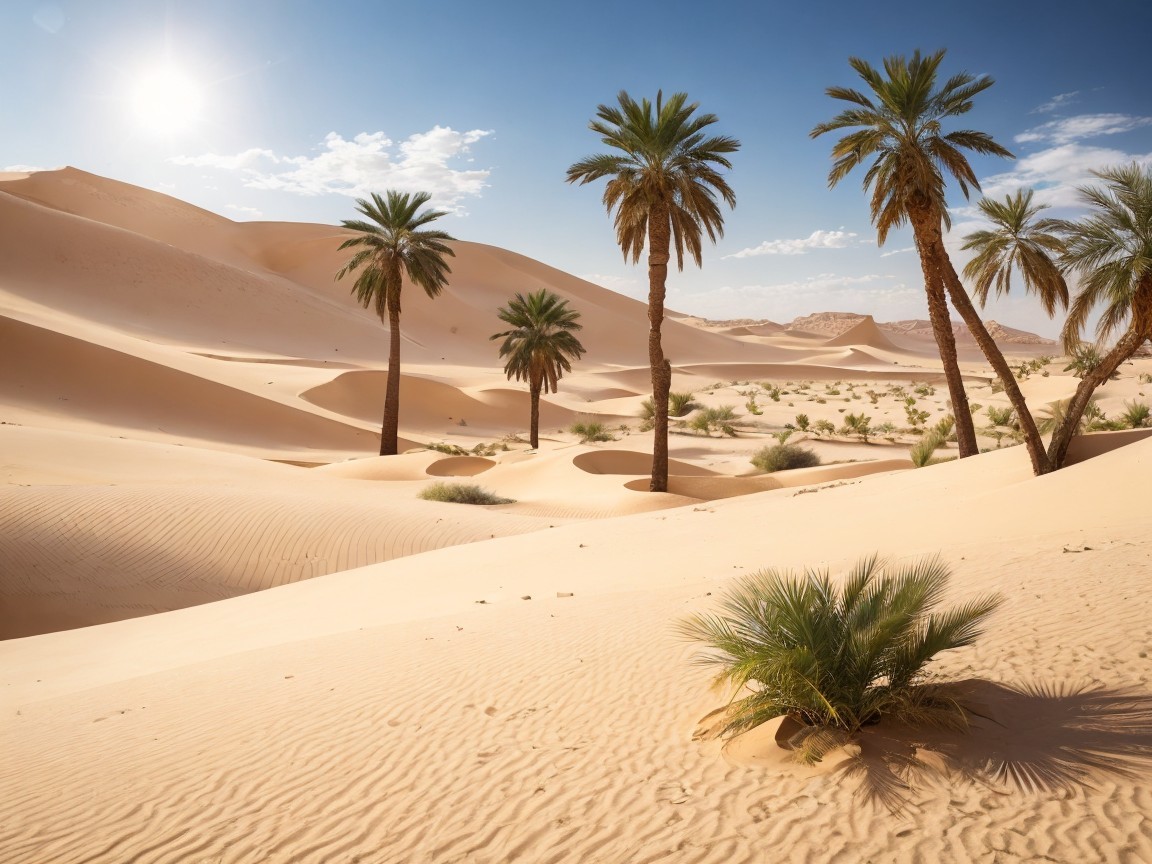 Desert Landscape with Dunes and Palm Trees