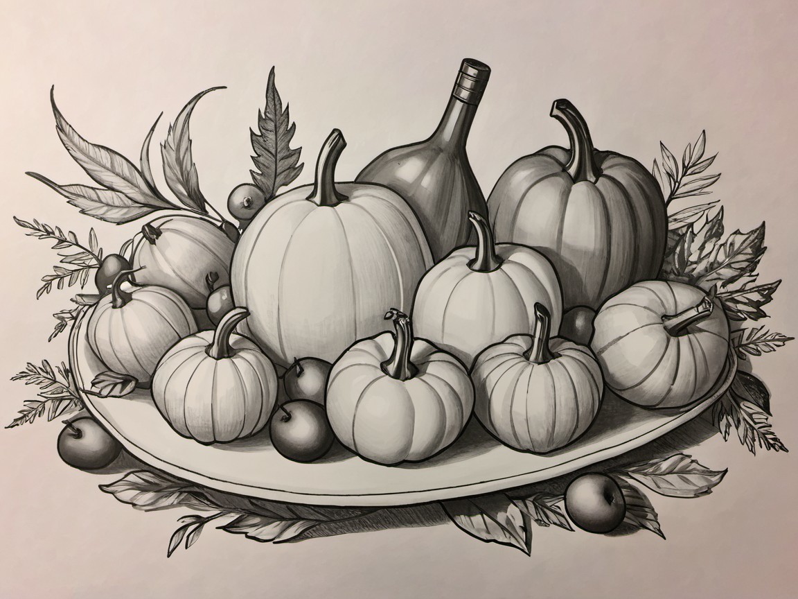 Monochromatic Still Life of Pumpkins and Fruits
