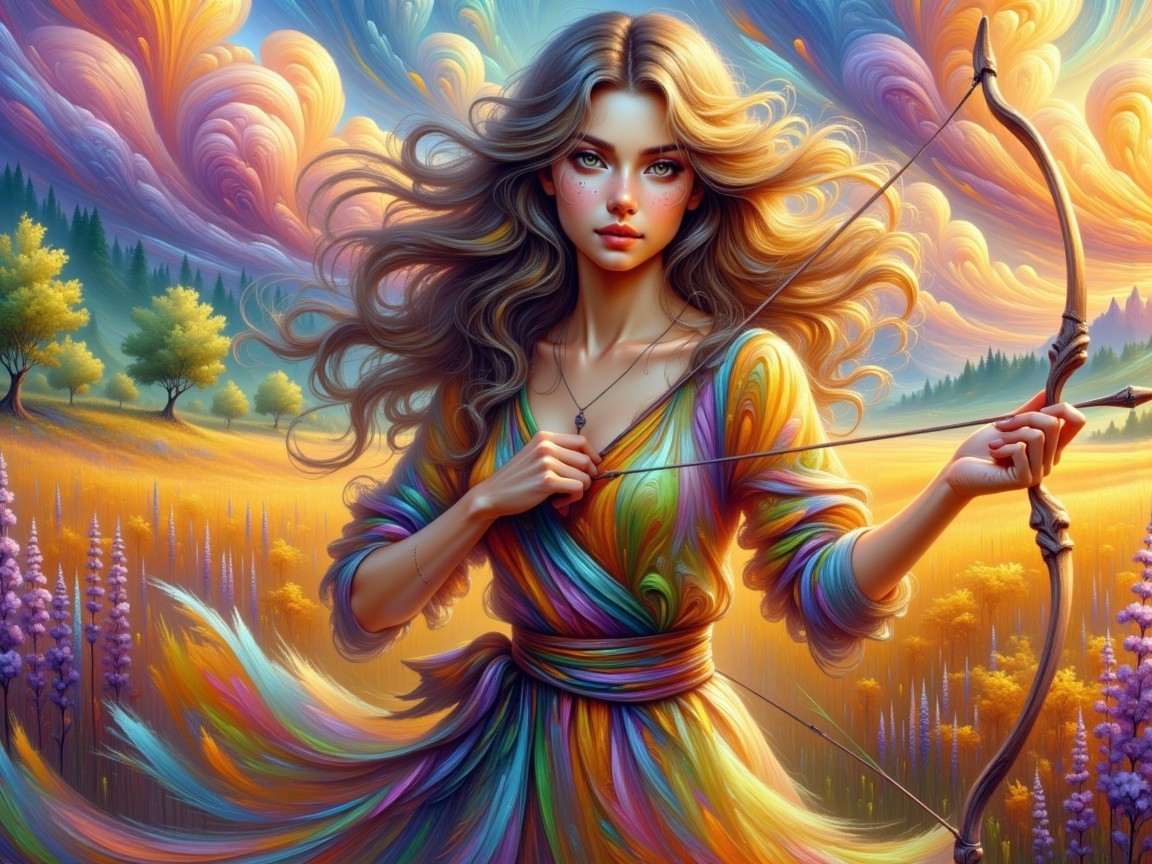 Young woman with bow in vibrant landscape setting