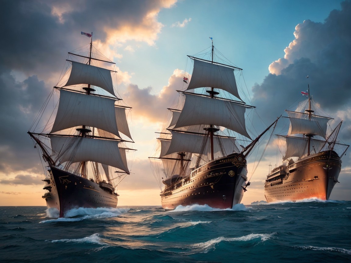Tall Ships Sailing on Vibrant Ocean at Sunset