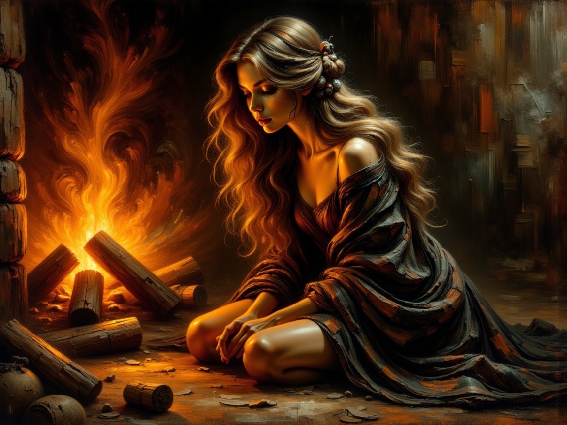 Young Woman in Dark Robe by a Warm Fire Setting
