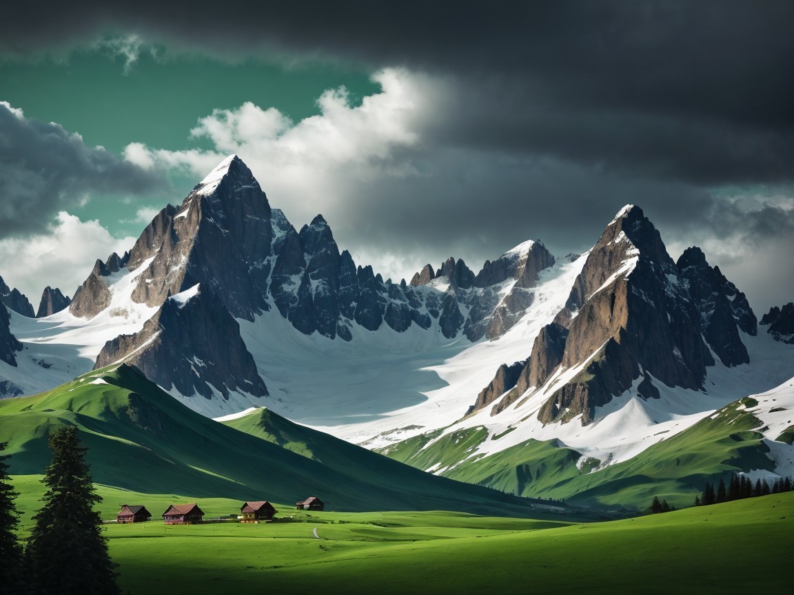 Dramatic Mountain Landscape with Snow-Capped Peaks