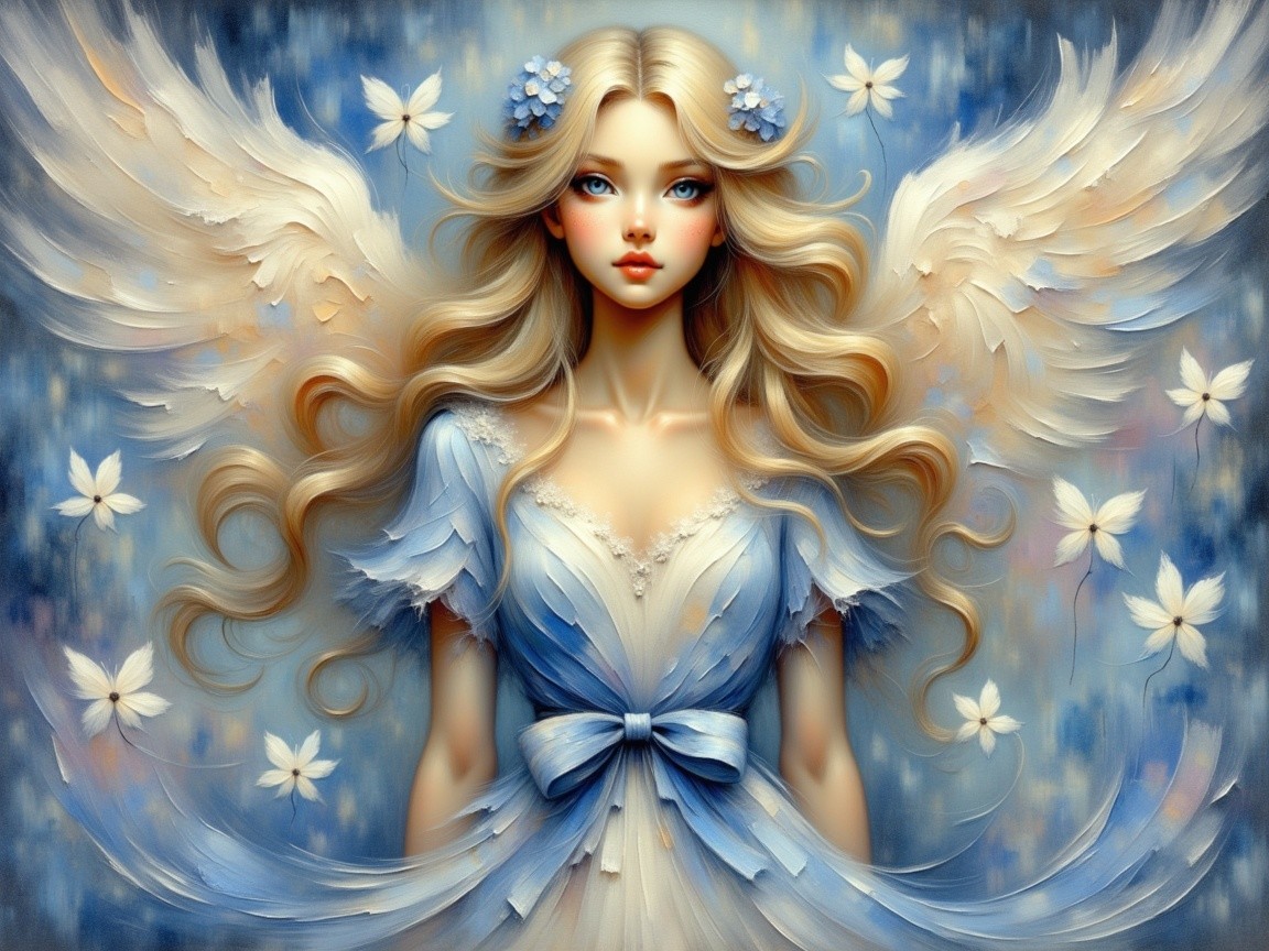 Serene Angelic Figure with Flowing Hair and Wings