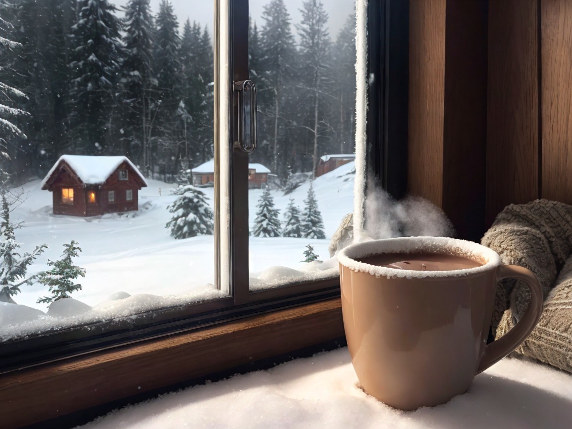 Cozy Winter Scene with Hot Chocolate and Snowy Landscape