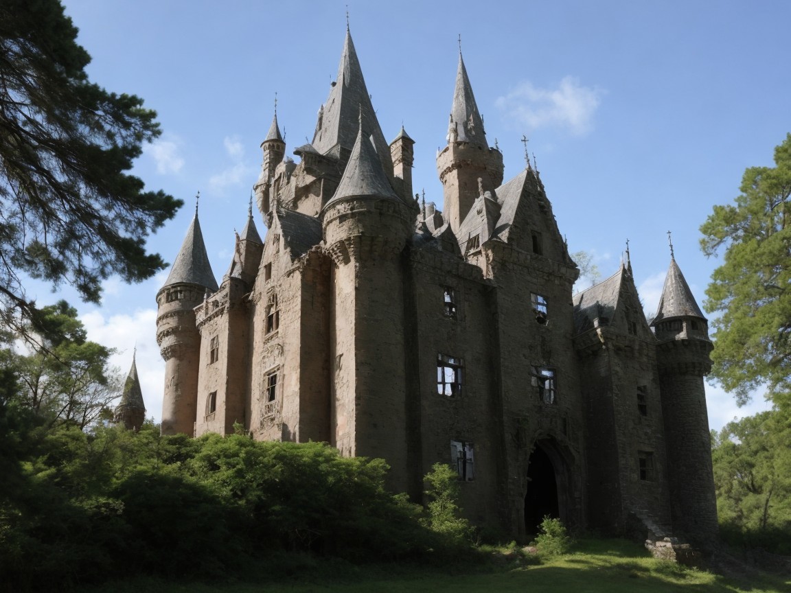 Dilapidated Castle with Gothic Architecture and Greenery