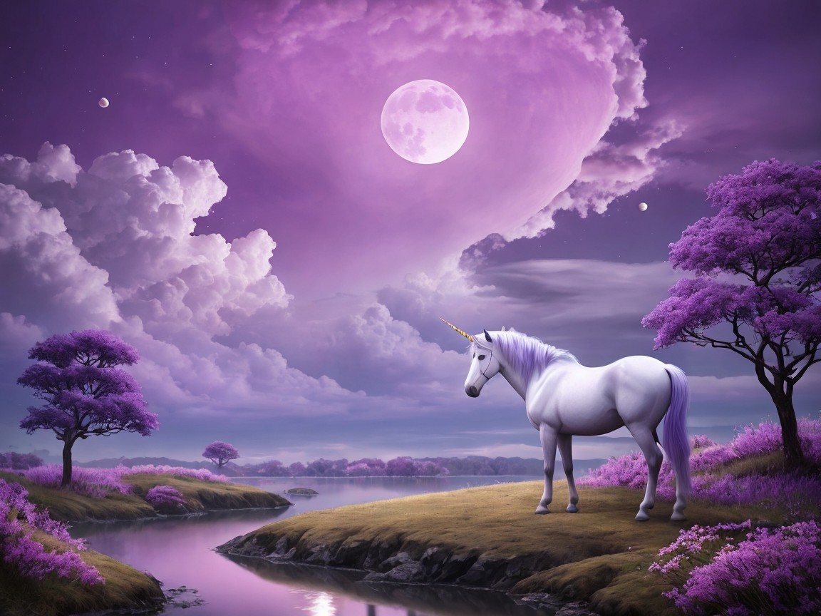 Serene Landscape with a Majestic Unicorn by River