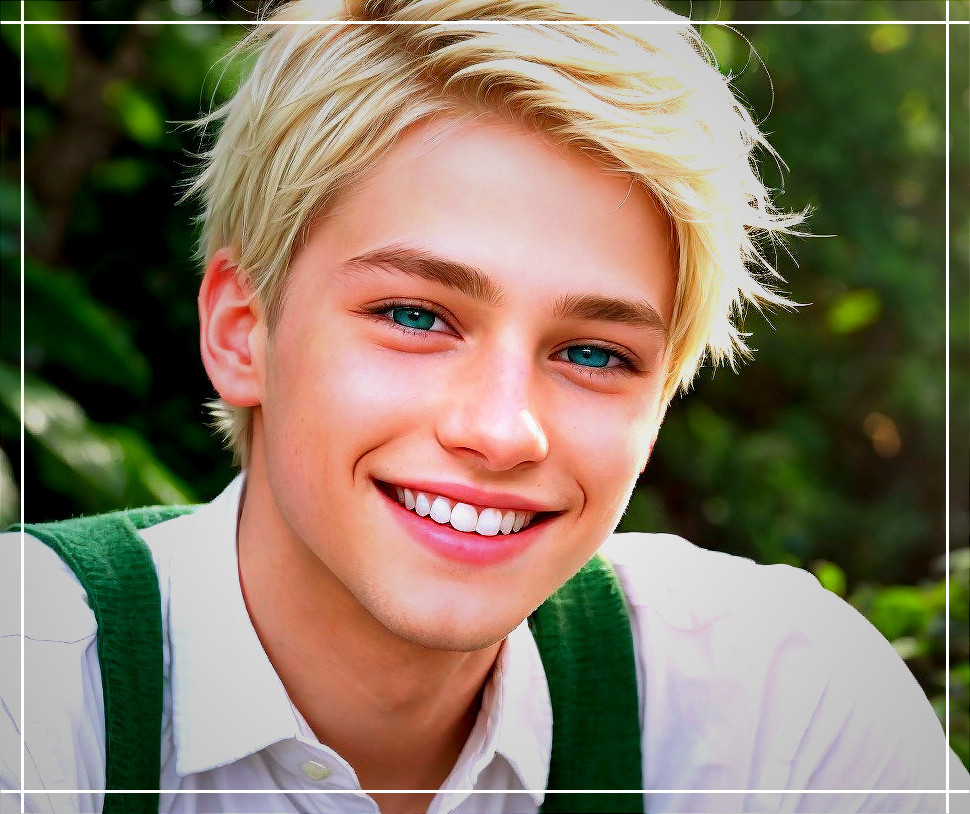 Young man in white shirt and green suspenders outdoors