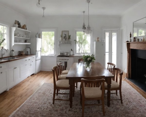 Bright and Airy Kitchen with White Cabinetry and Fireplace