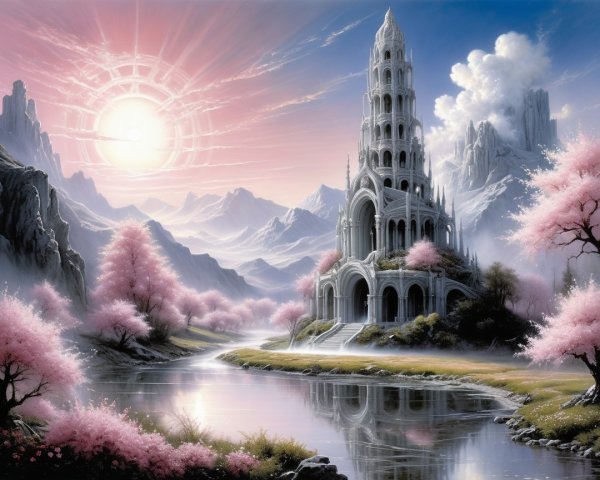 Ethereal Castle in Fantasy Landscape with Cherry Blossoms