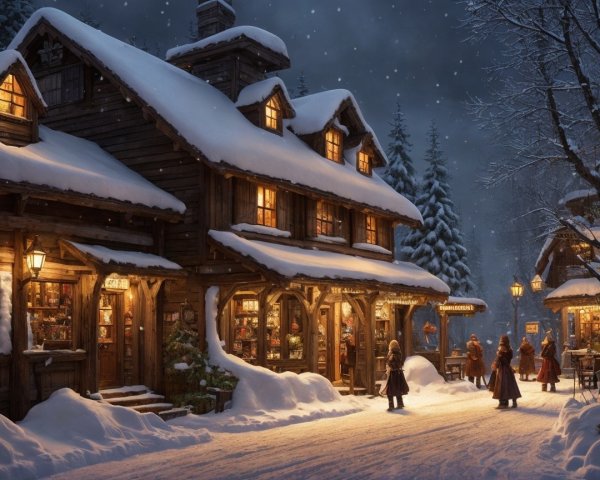 Snowy Village Scene with Warm Rustic Buildings