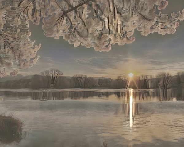 Sunset Reflection Over a Serene Lake with Blossoms