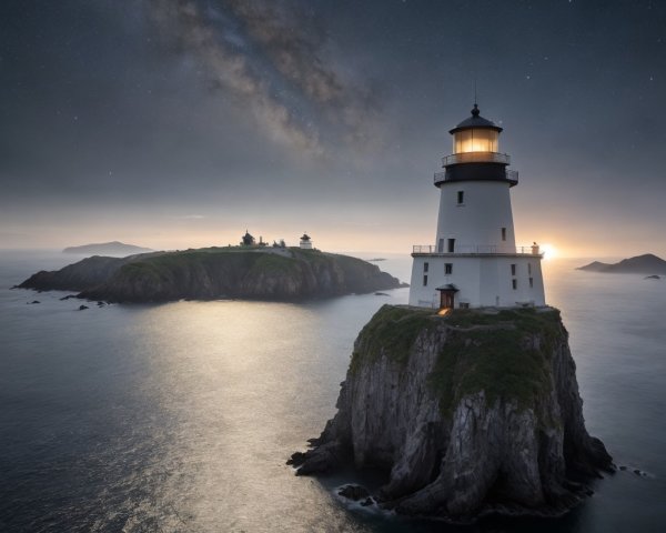 Lighthouse on Rocky Islet with Starry Night Sky