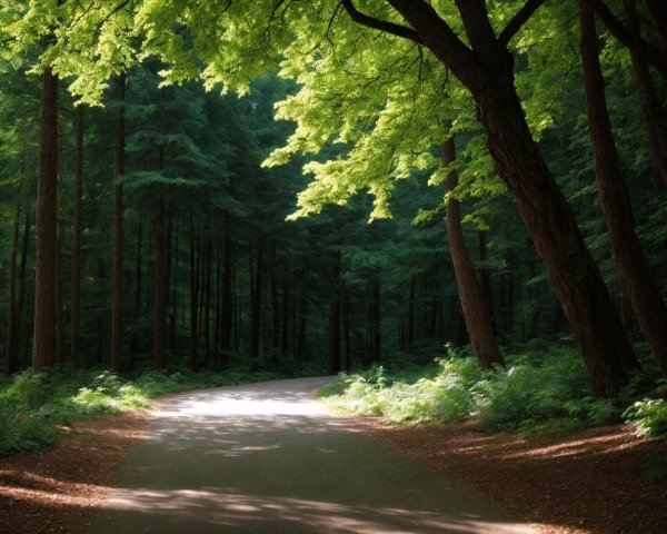 Serene Forest Path with Sunlight and Greenery