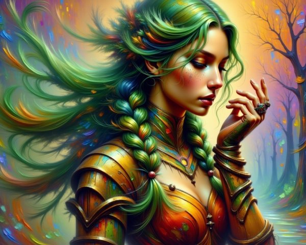 Mystical Woman in Golden Armor in Enchanted Forest