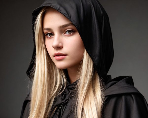 Young woman in black cloak with serene expression