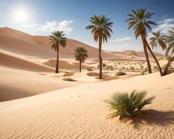 Desert Landscape with Dunes and Palm Trees
