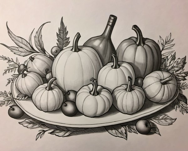 Monochromatic Still Life of Pumpkins and Fruits
