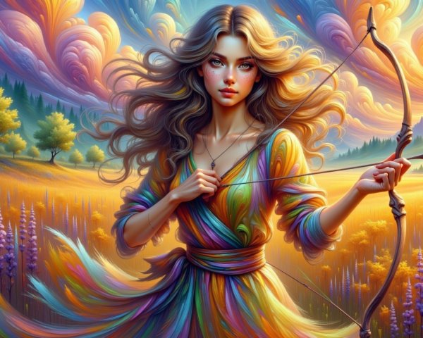 Young woman with bow in vibrant landscape setting