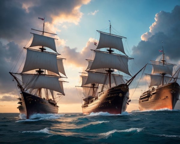 Tall Ships Sailing on Vibrant Ocean at Sunset