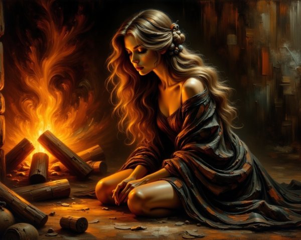 Young Woman in Dark Robe by a Warm Fire Setting