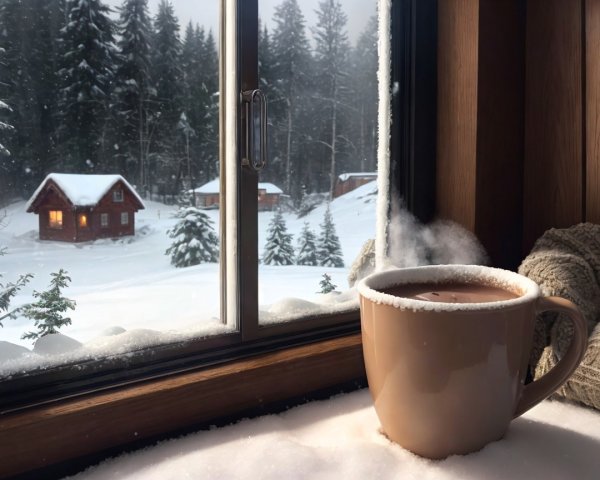 Cozy Winter Scene with Hot Chocolate and Snowy Landscape