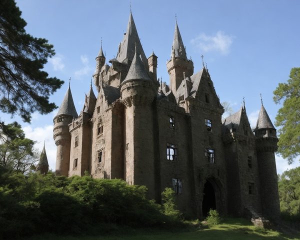 Dilapidated Castle with Gothic Architecture and Greenery