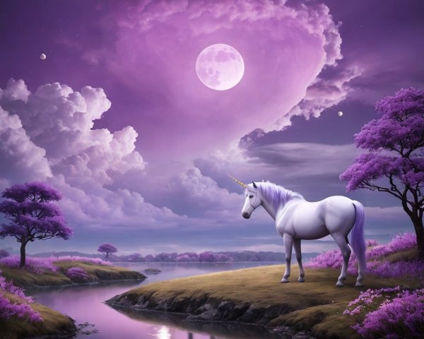 Serene Landscape with a Majestic Unicorn by River