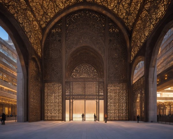 Ornate Archway with Modern and Traditional Architecture