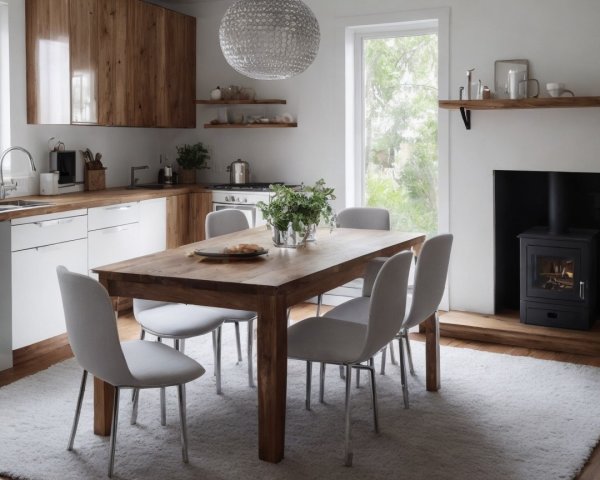 Spacious Dining Area with Wooden Table and Modern Accents
