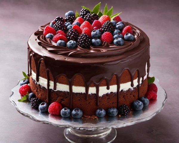 Decadent chocolate cake with fresh berry toppings