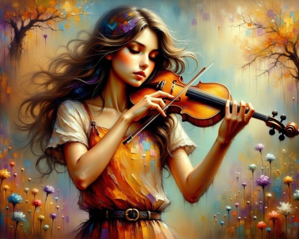 Digital painting of a woman playing violin in nature