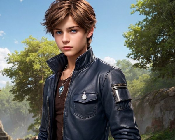 Young Boy in Black Leather Jacket Amidst Nature and Ruins