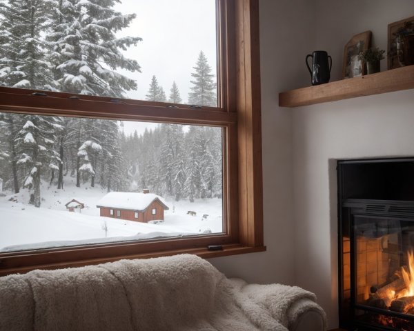 Cozy Living Space with Window View of Snowy Forest
