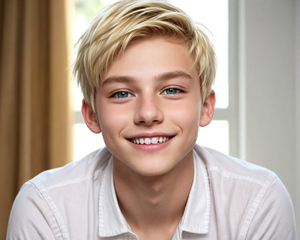 Young boy with blonde hair and blue eyes smiling