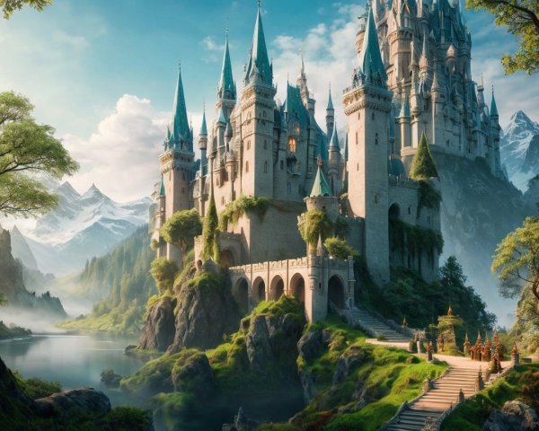 Majestic castle on rocky cliff with lush surroundings