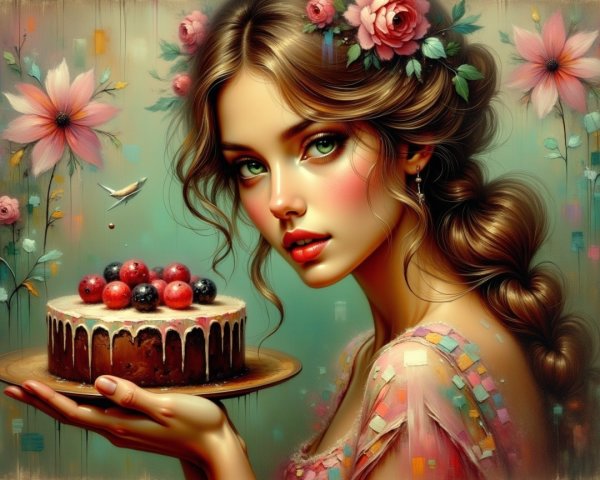 Young Woman with Cake Surrounded by Colorful Flowers