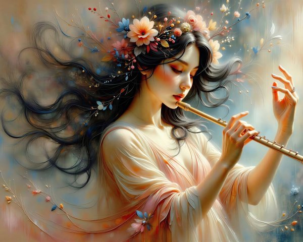 Woman in Pink Dress Playing Flute with Floral Hair