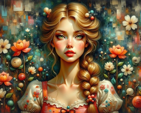 Young Woman with Braided Hairstyle and Flowers