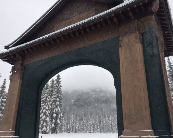 Snowy Archway Surrounded by Evergreen Trees and Mountains