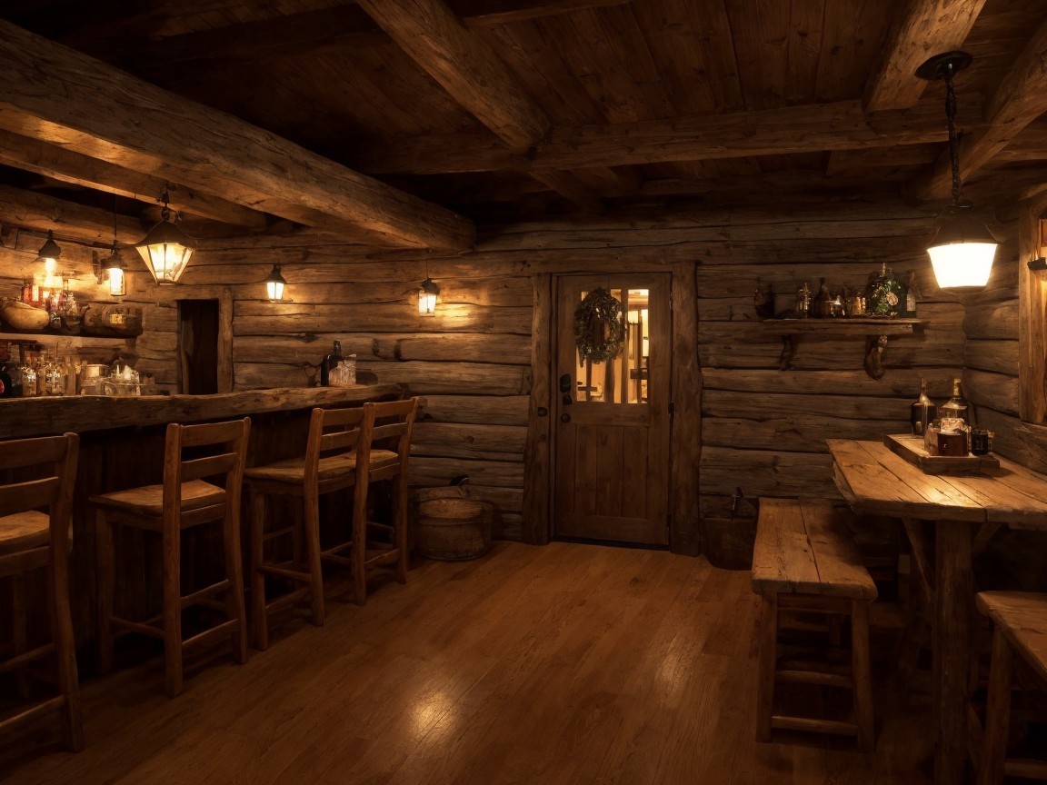 Rustic Log Cabin Interior with Cozy Bar Area