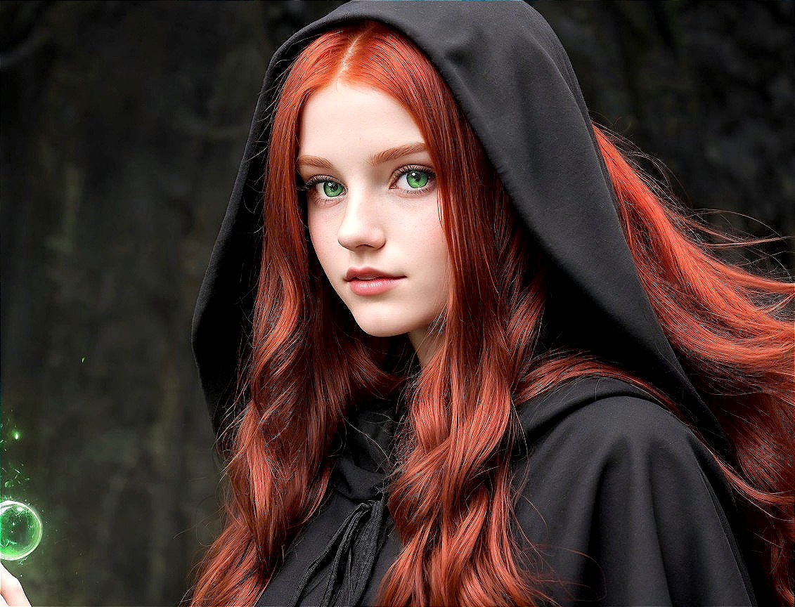 Young Woman with Red Hair in Dark Cloak Holding Orb