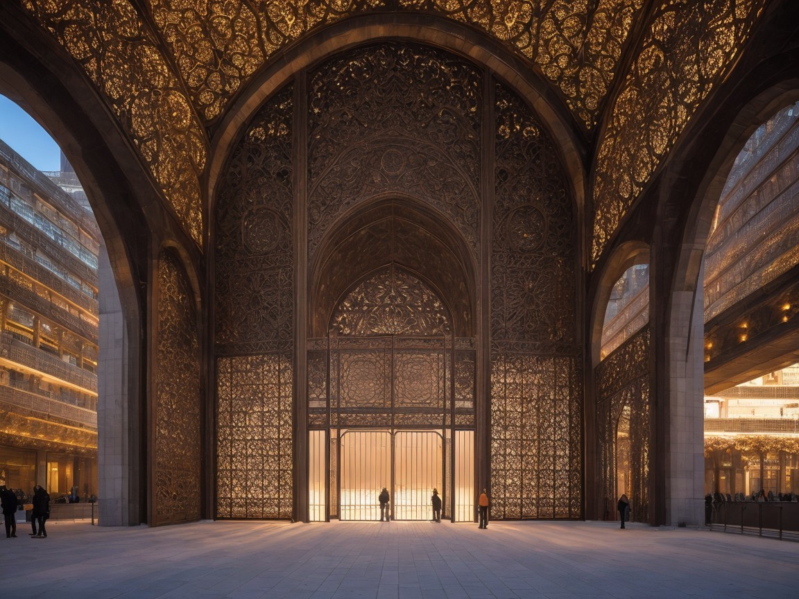 Ornate Archway with Modern and Traditional Architecture