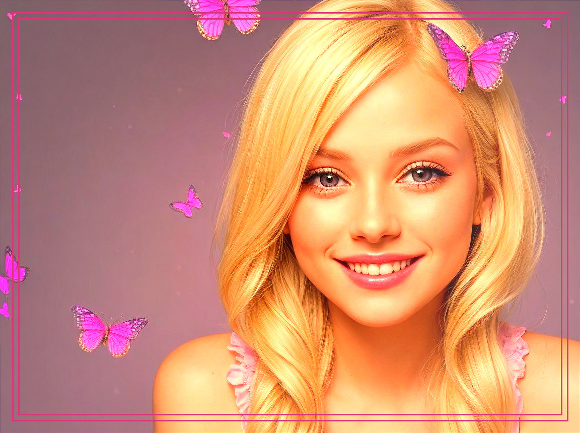 Young woman with blonde hair and pastel background